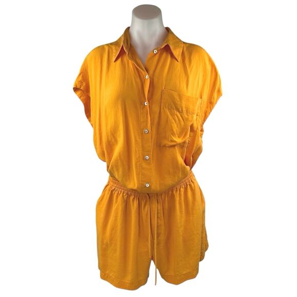 MNG Mango Coral Drop Short Sleeve Button Down Shirt Mini Shorts 2 Pc Set Size L - Picture 1 of 7